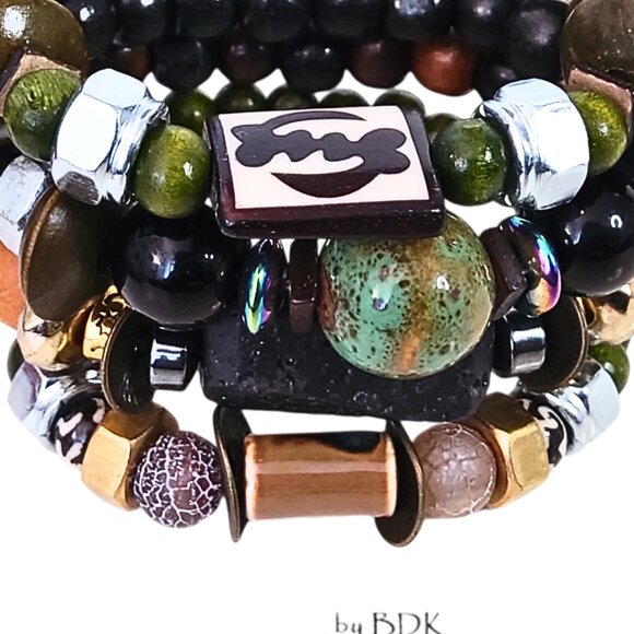 Men's Adinkra Symbol Black Lava Layered Bracelet Set - Picture 2 of 2